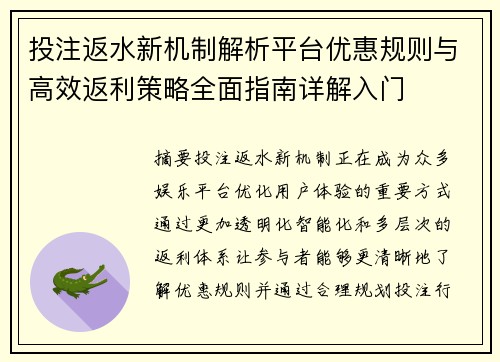 投注返水新机制解析平台优惠规则与高效返利策略全面指南详解入门